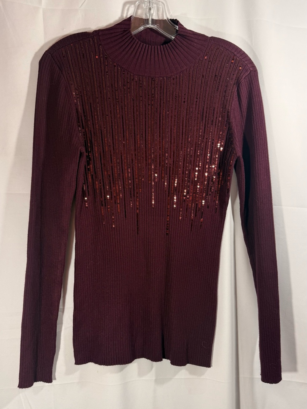INC International Concepts Burgundy Ribbed Mock Neck Sweater with Sequins Size M